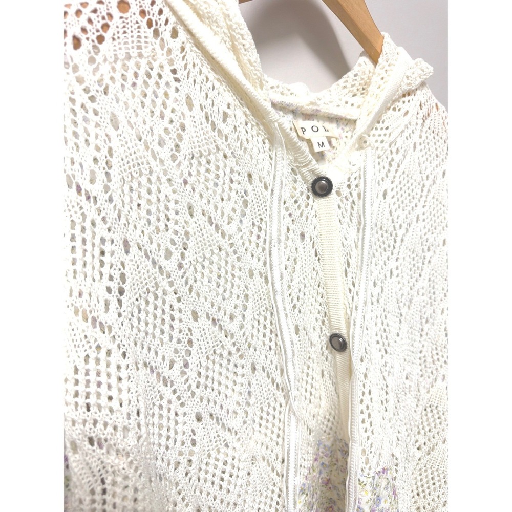 POL Crochet Knit Floral Puff Sleeve Hooded Cardigan Sweater Cream M Y2K Coquette - Picture 8 of 12